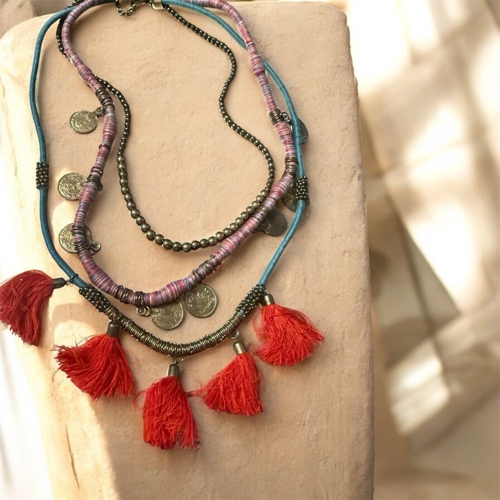 Bohemian Red Gold Tassel Necklace